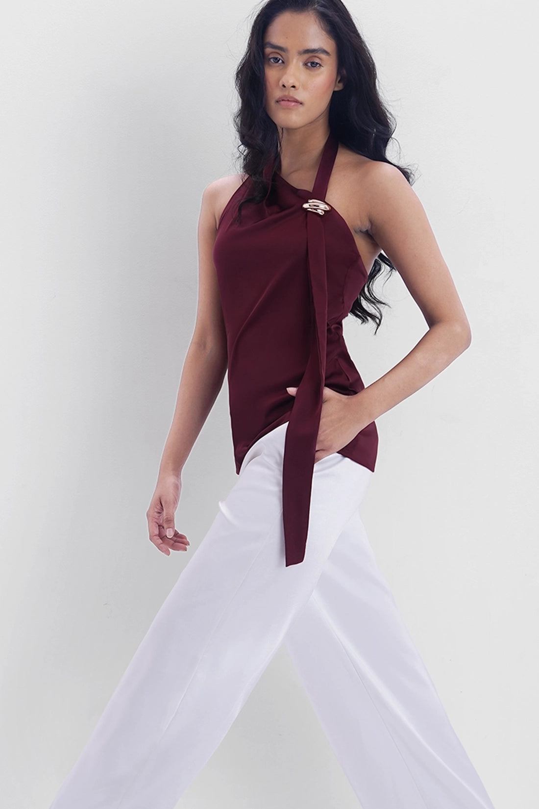 Accessorized Satin Top – Burgundy