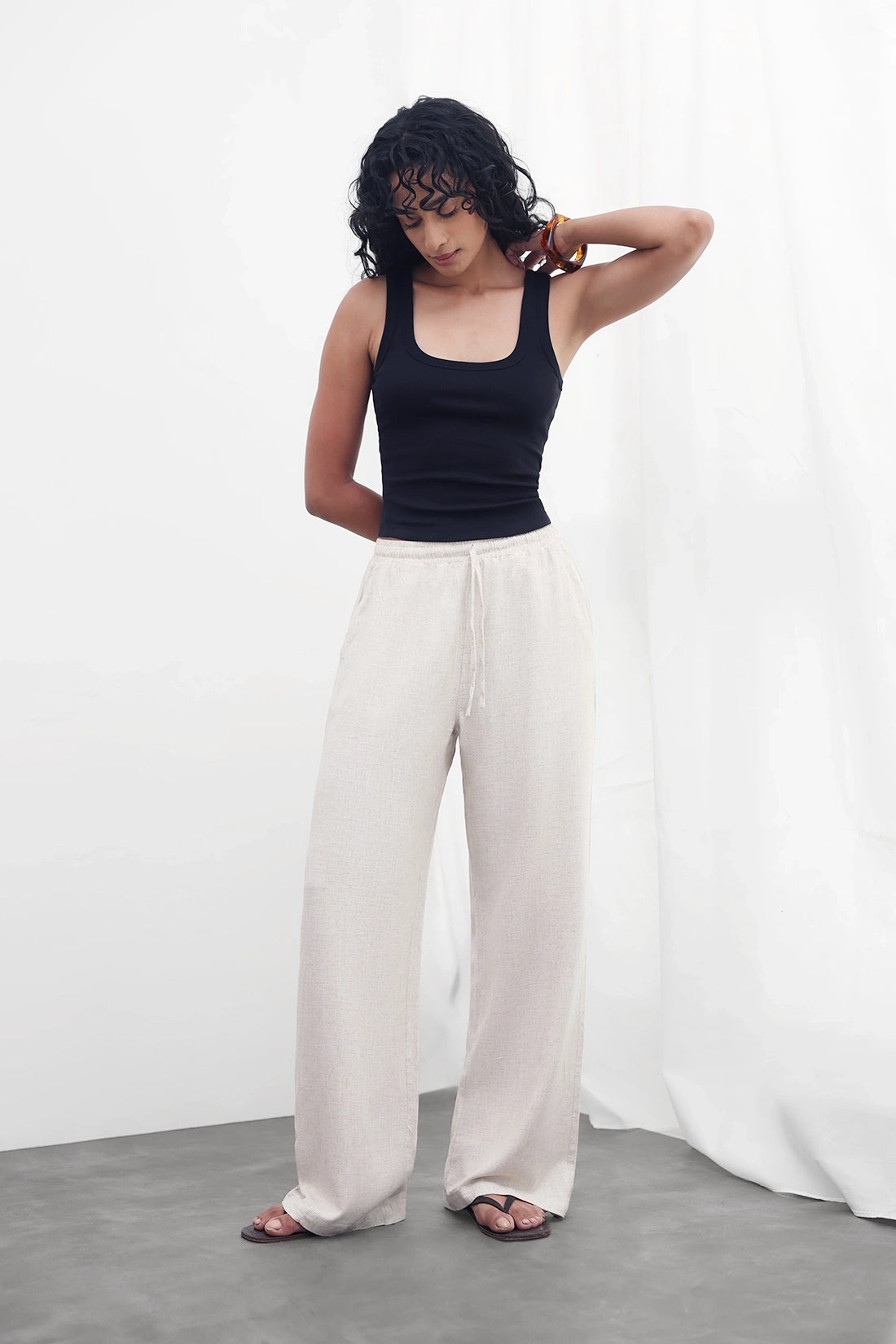 Beige Linen Drawstring Pants