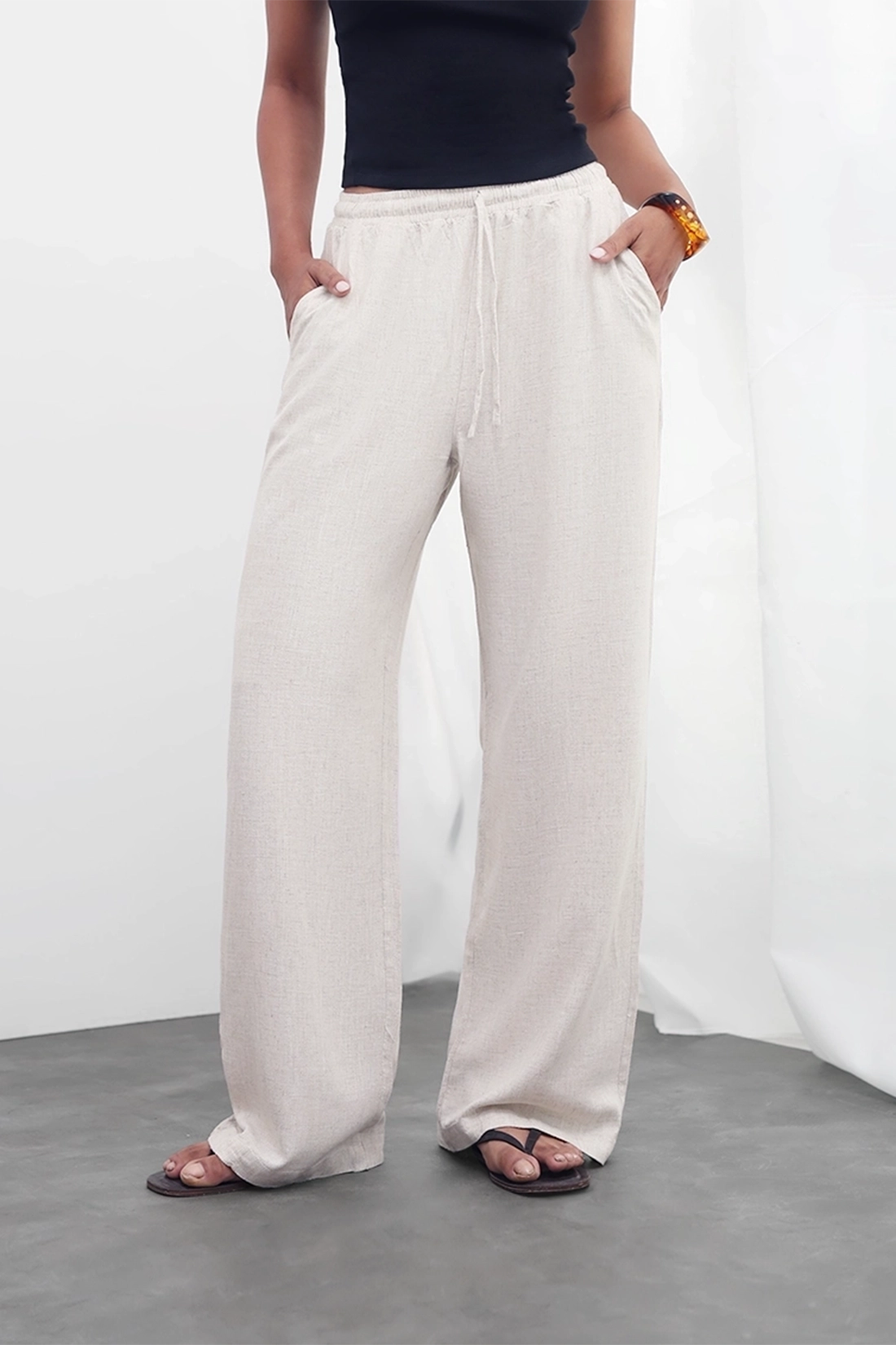 Beige Linen Drawstring Pants