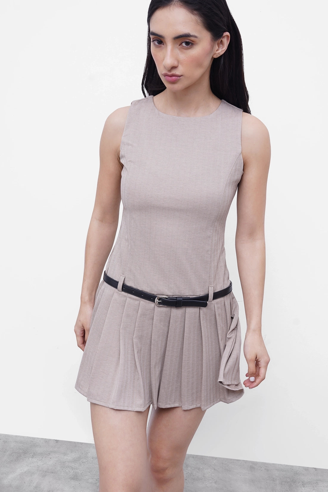 Beige Pleated Mini Dress With Belt