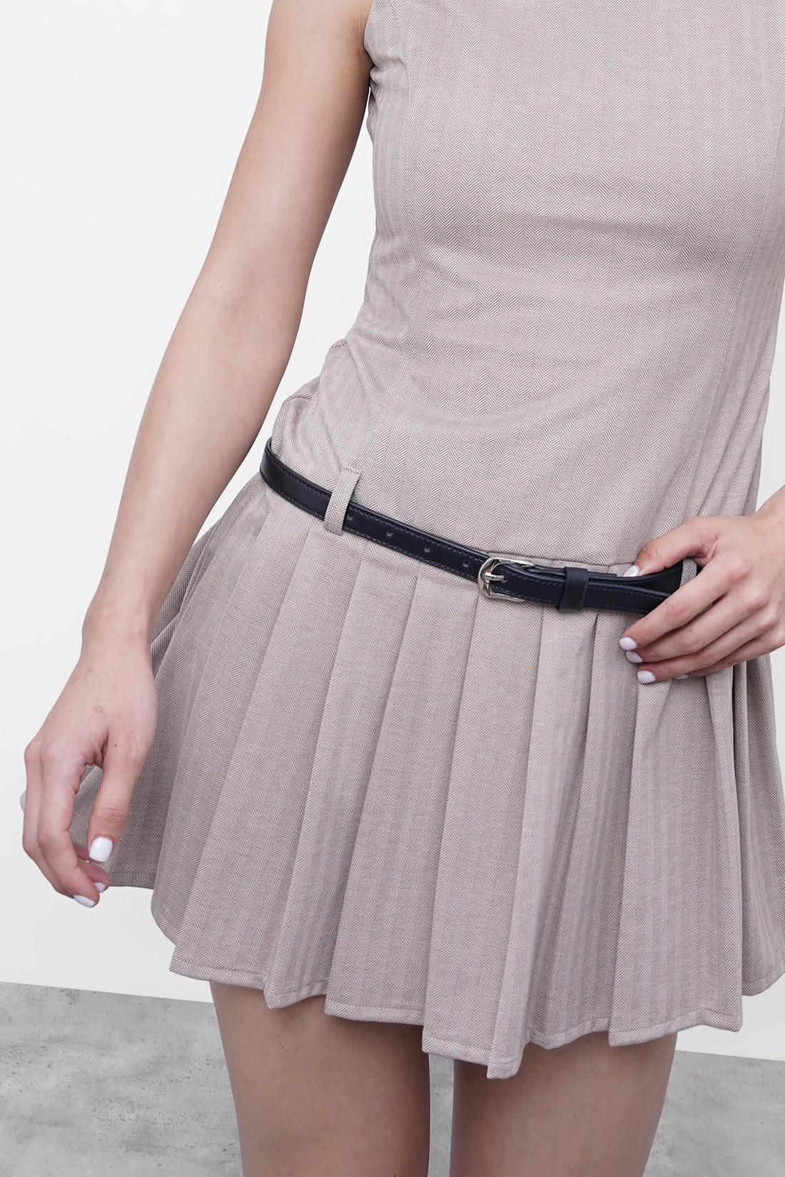 Beige Pleated Mini Dress With Belt