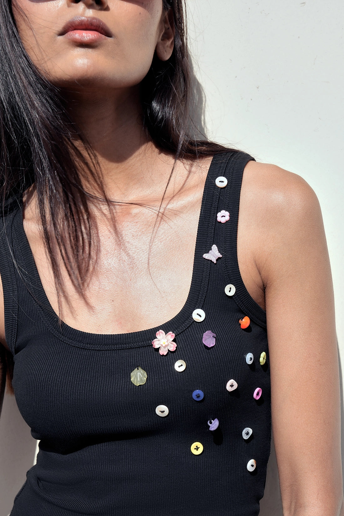 Black Button Embroidered Ribbed Top