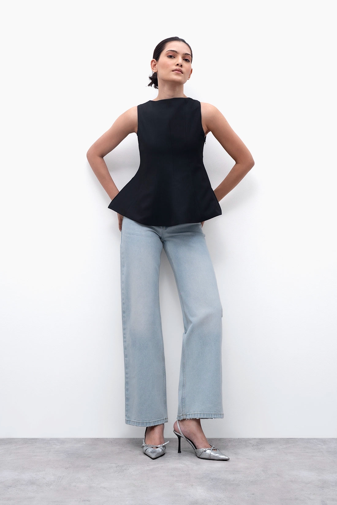 Black Panelled Peplum Top