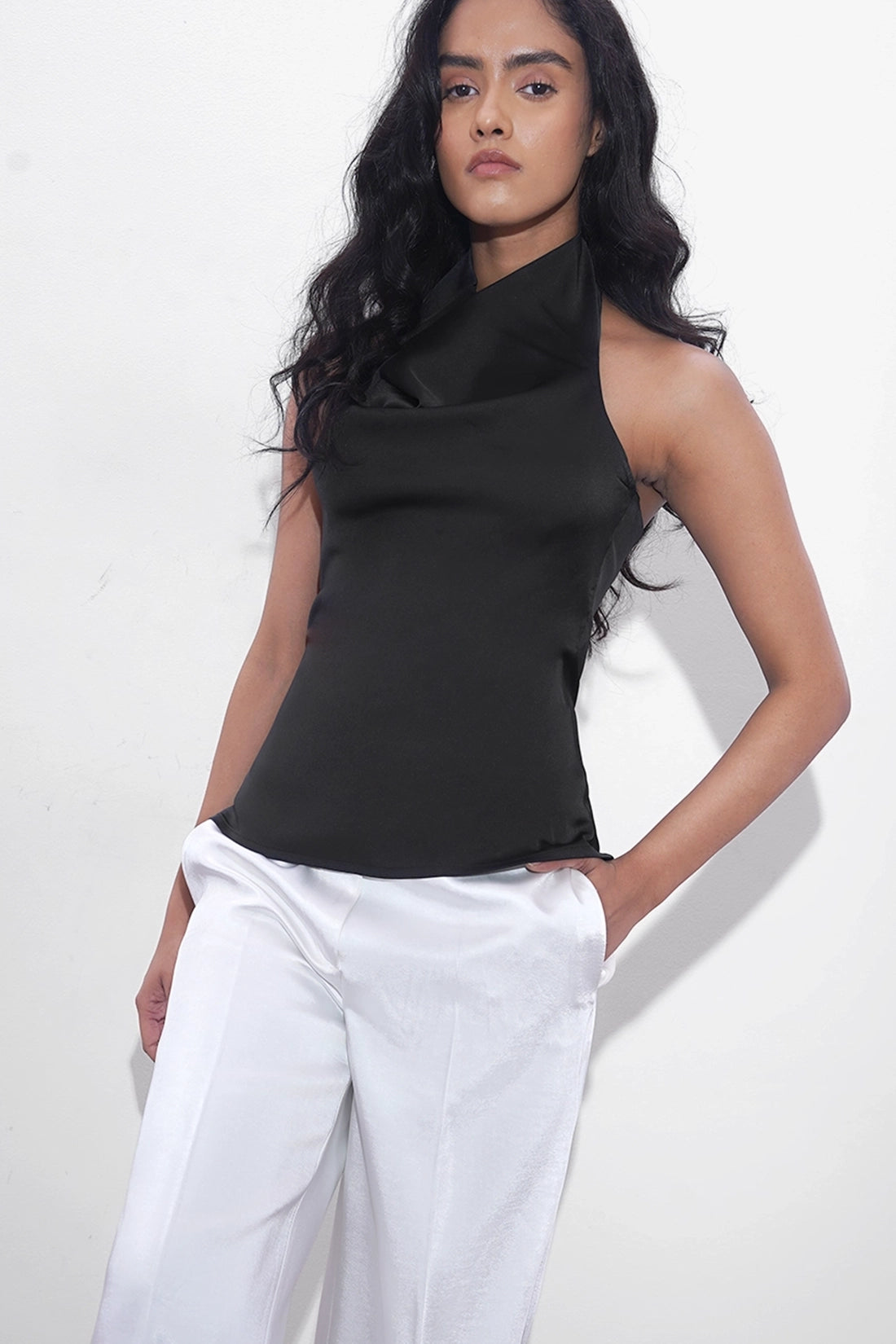 Black Satin Open-Back Top