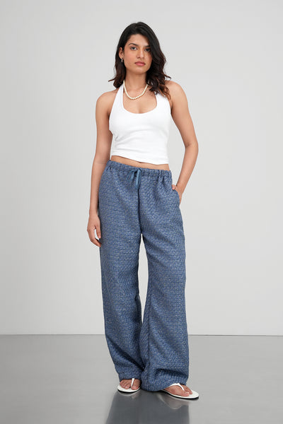 Blue Pull-On Tweed Pants