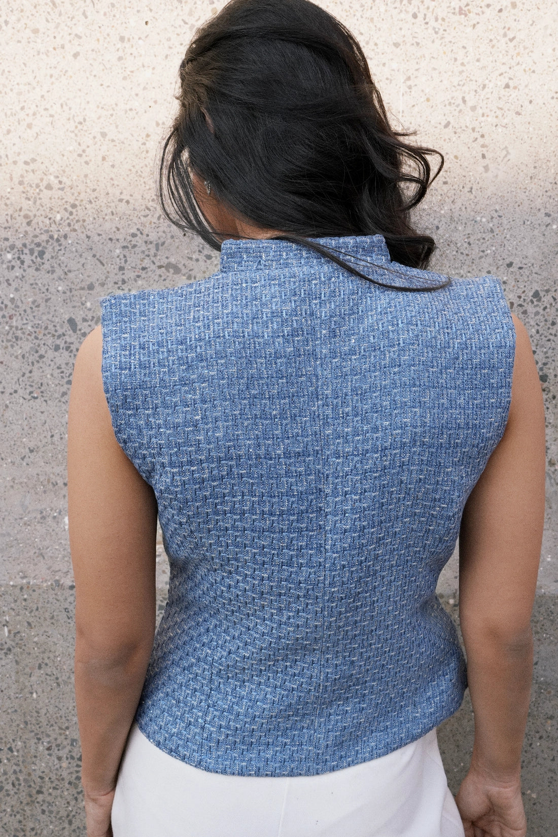 Blue Tweed Collared Top