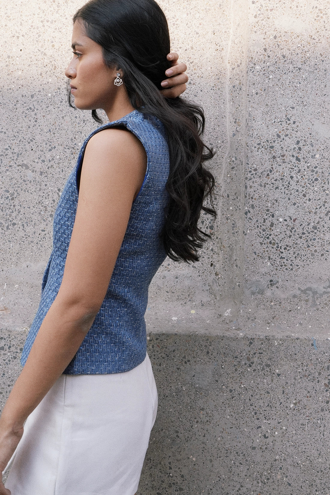 Blue Tweed Collared Top