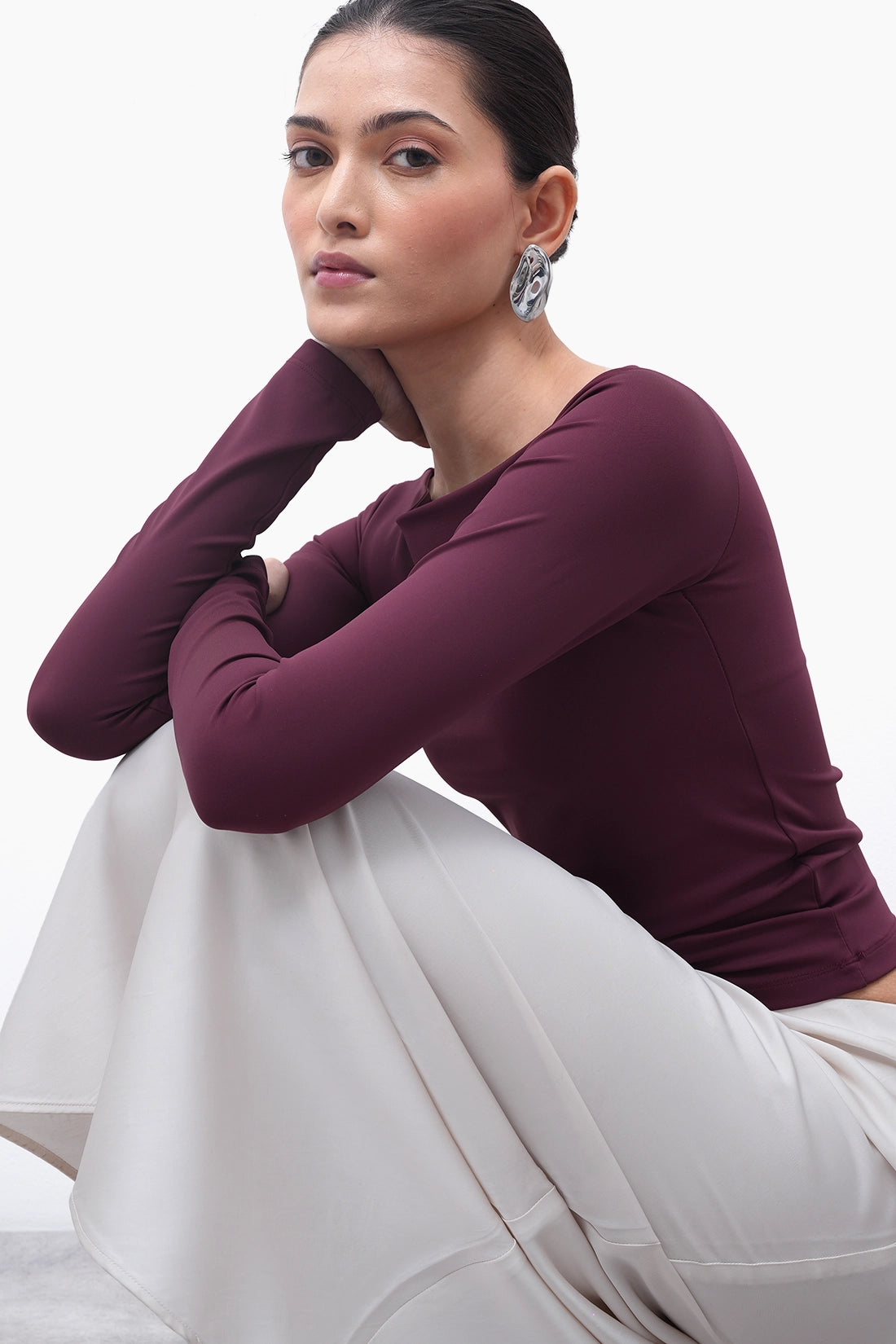 Burgundy Long-Sleeve Polyamide Top