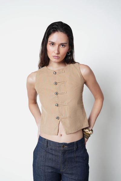 Buttoned Corduroy Top- Beige