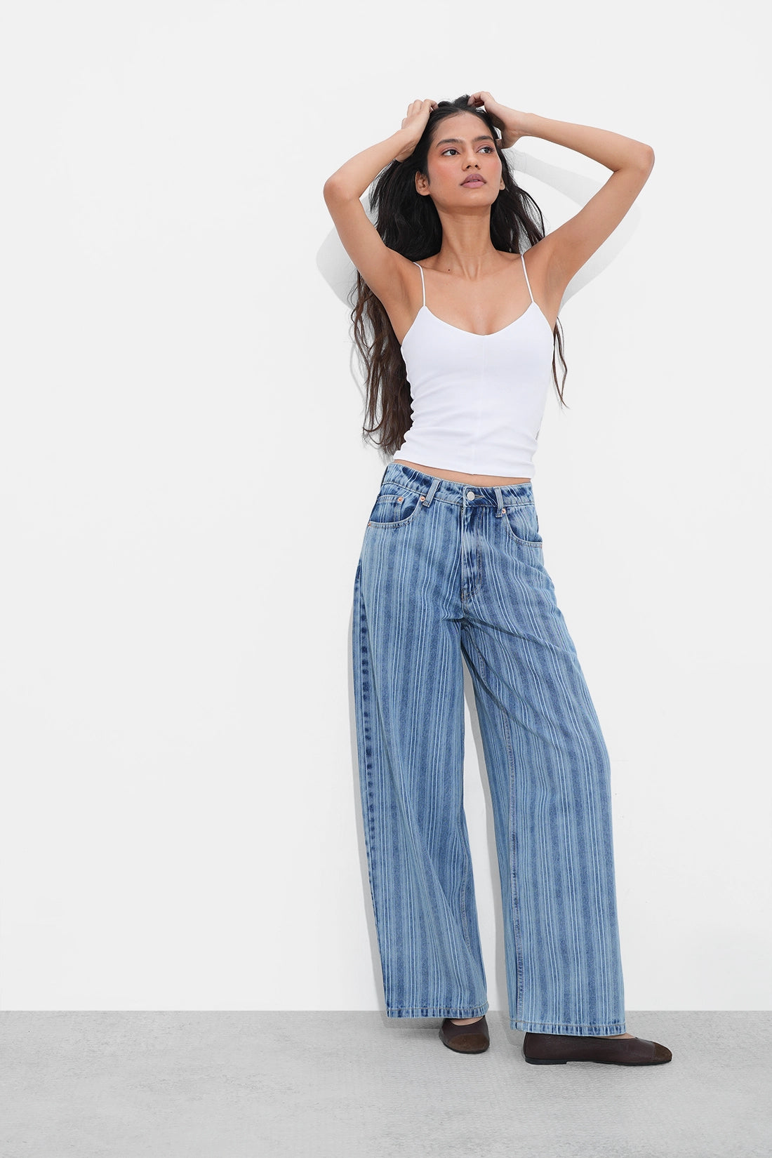 Blue Striped Wide-Leg Jeans