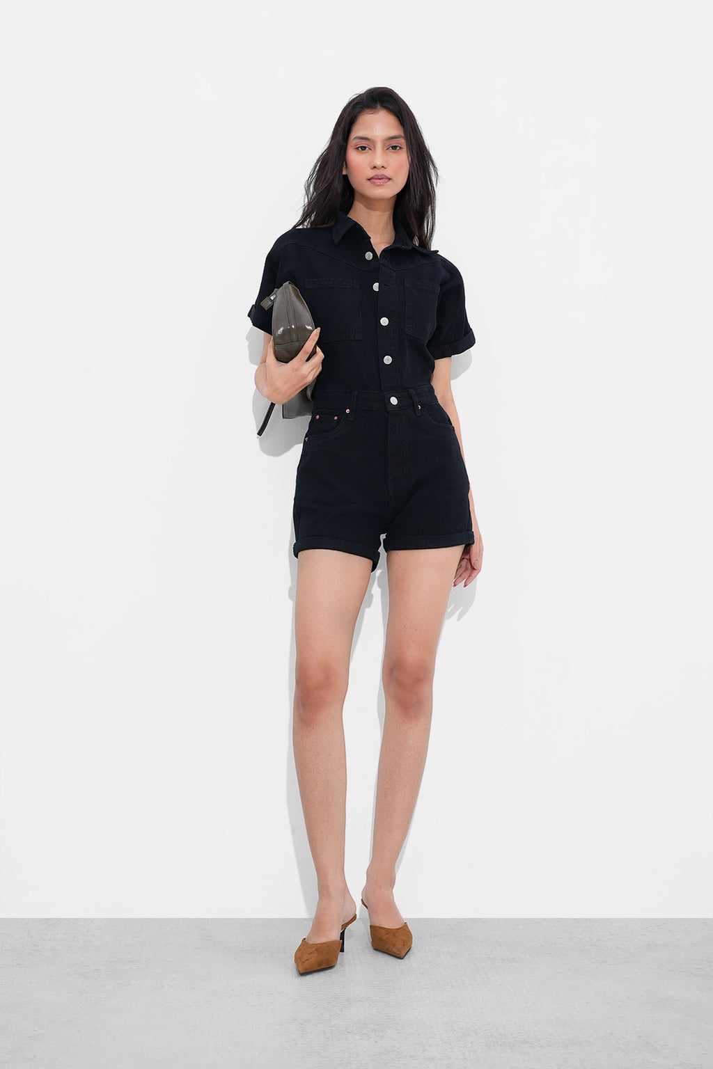 Black Denim Romper - Main Image