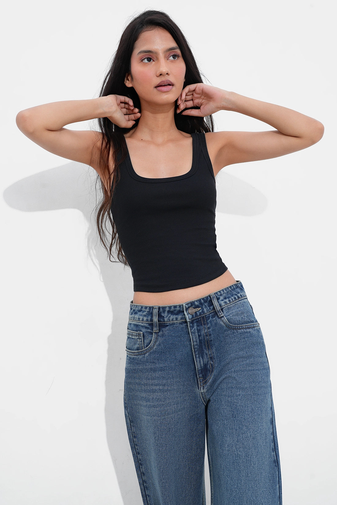 Black Ribbed Square Neck Top