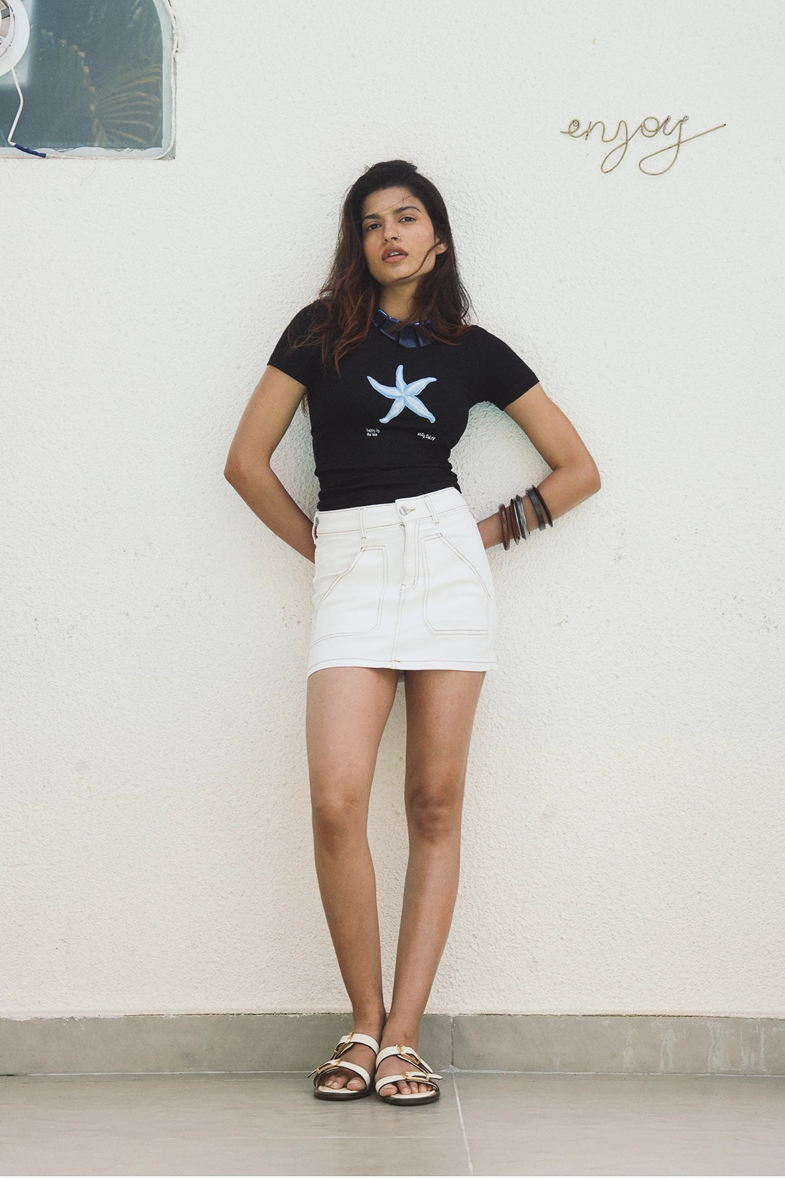 White Out Stitch Denim Skirt