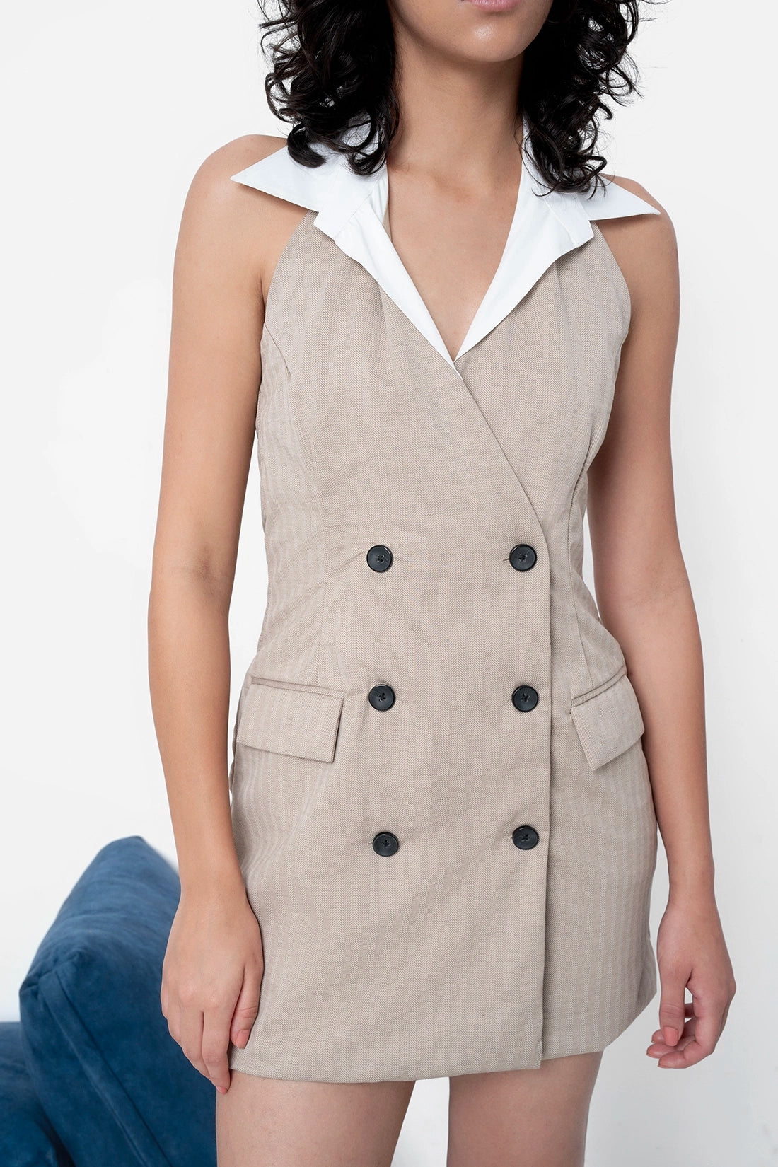 Beige Contrast Collar Dress