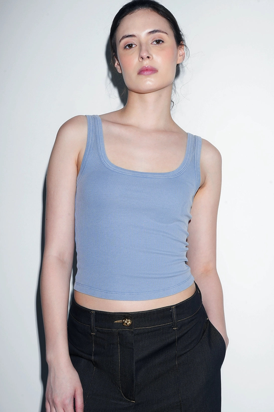 Blue Ribbed Square Neck Top