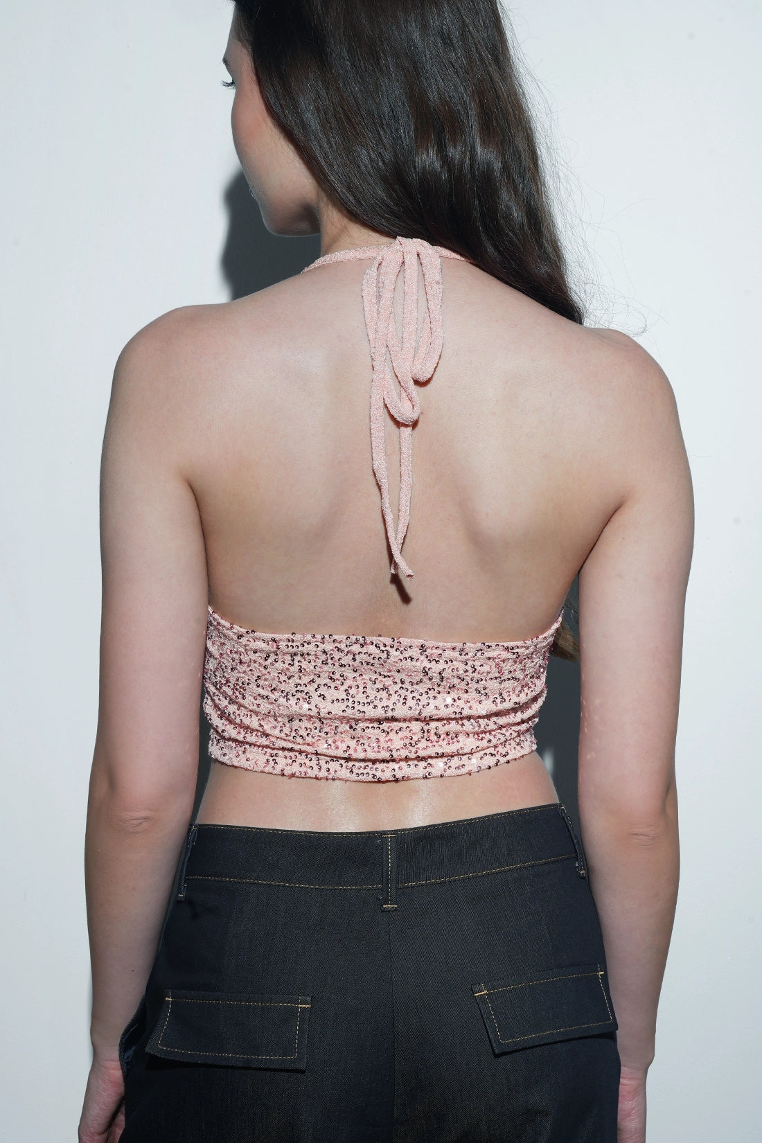 Pink Sequin Halter Tying Top