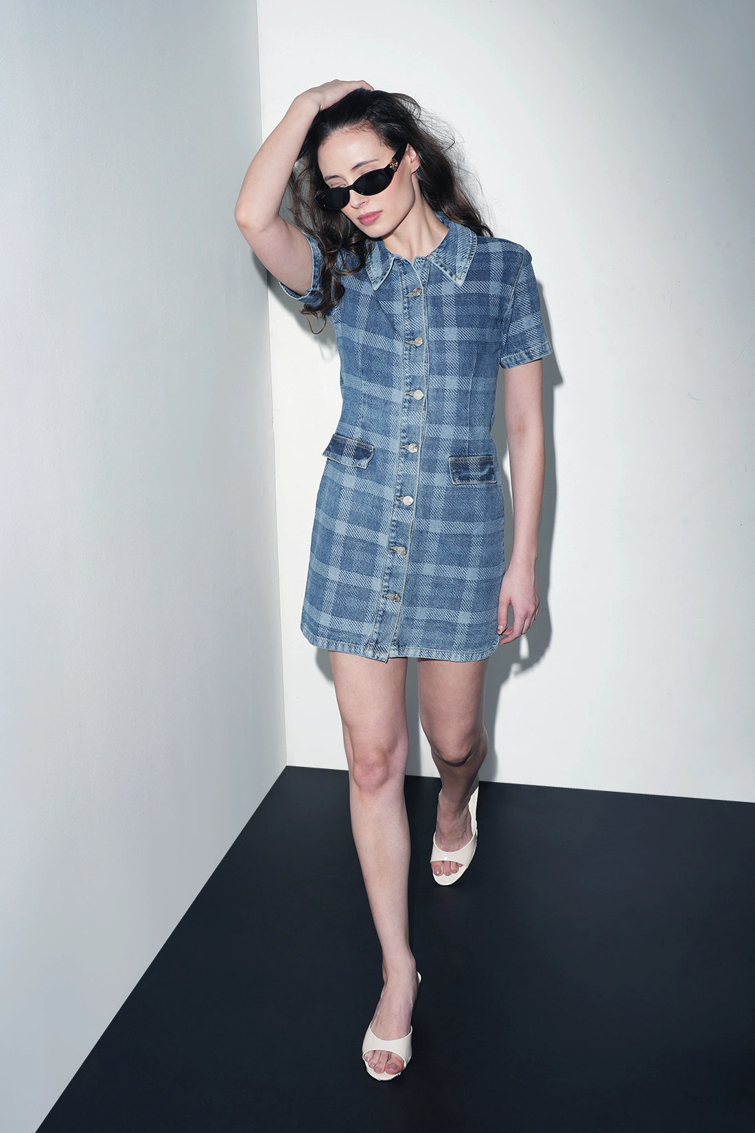 Check Pattern Denim Shirt Dress