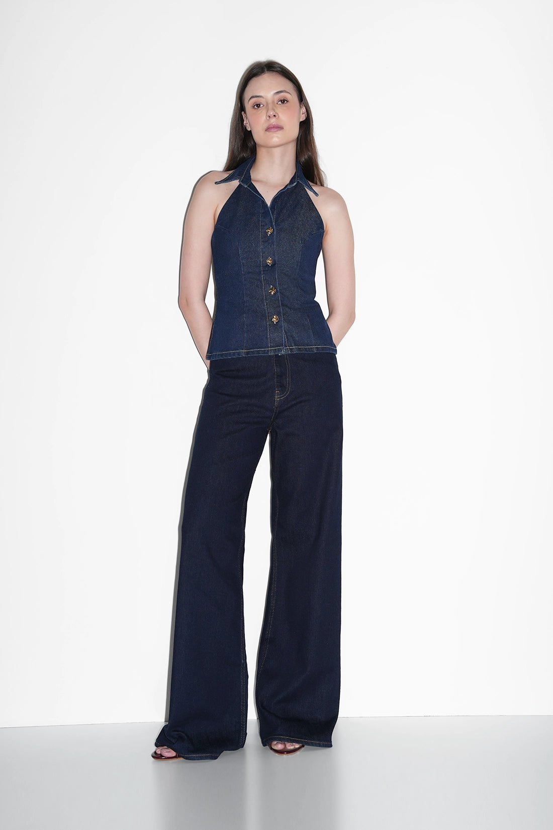 Denim Halter Buttoned Top