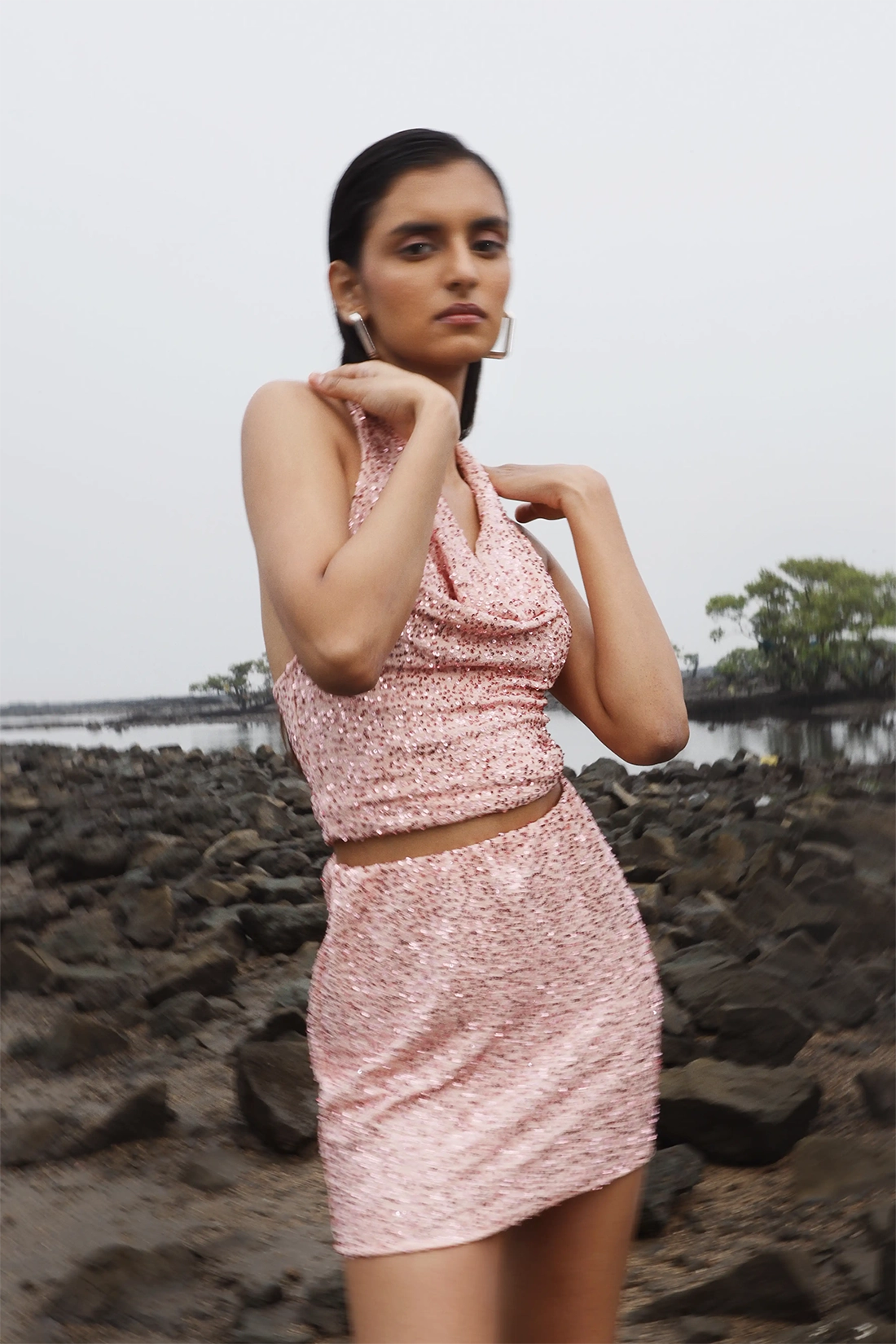 Pink Sequin Halterneck Cowl Top