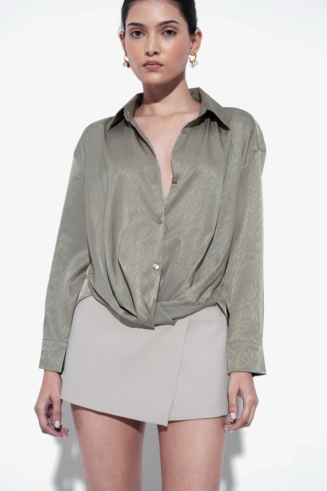 Green Textured Satin Knot Shirt
