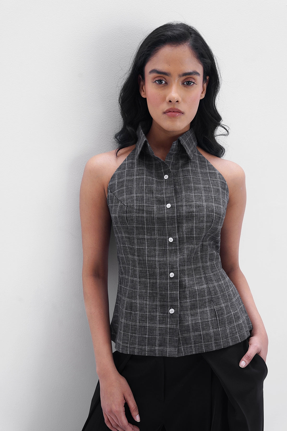 Grey Checkered Halter Shirt