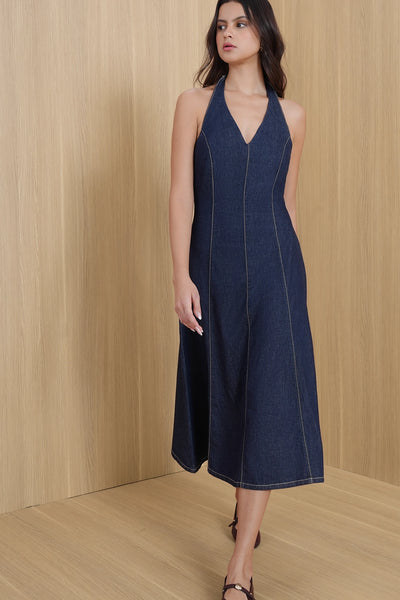 Halter-Neck Denim Midi Dress