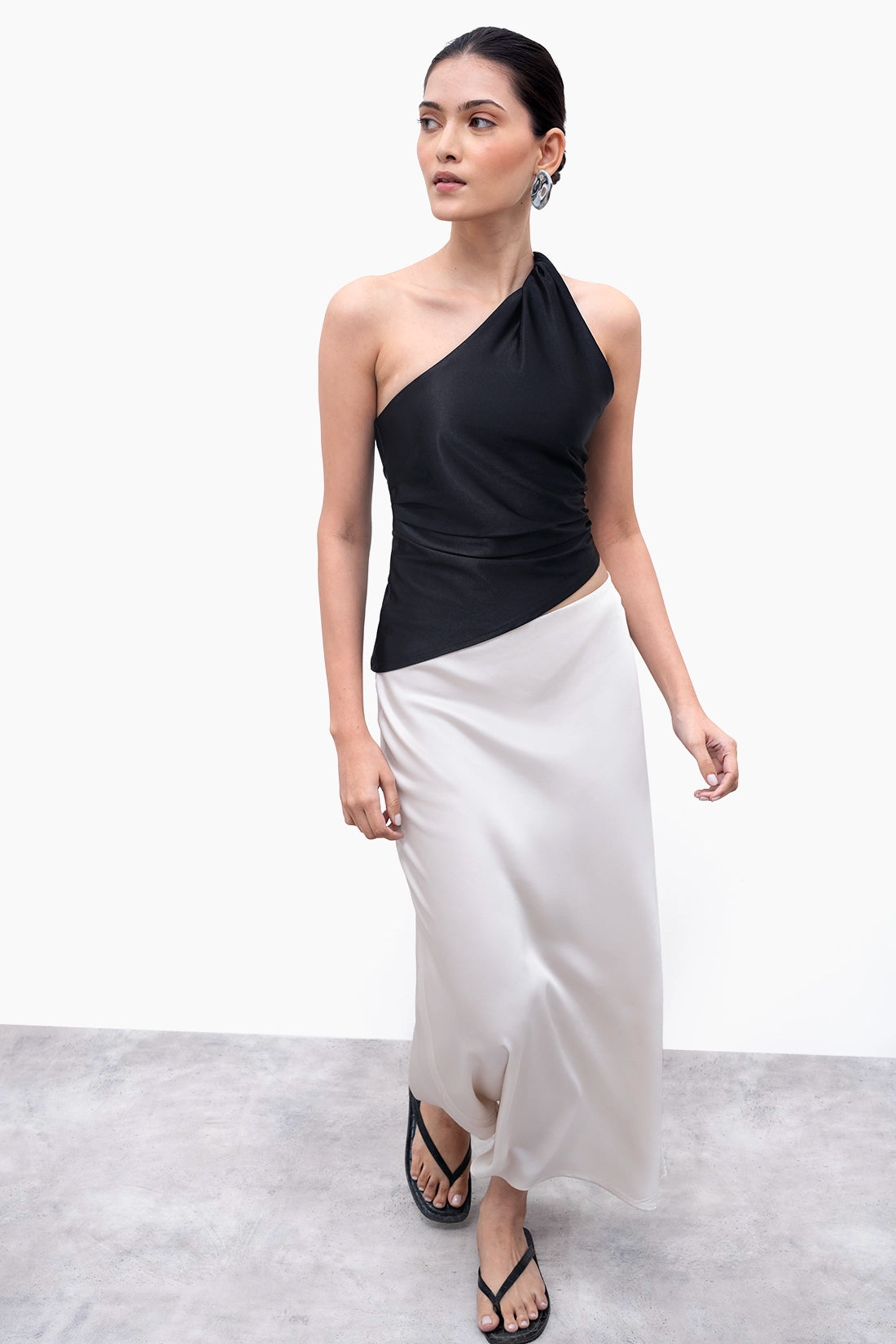 Metallic Black Asymmetric Ruched Top