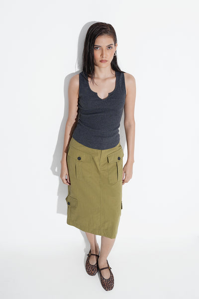 Notch Neck Ribbed Top- Charcoal