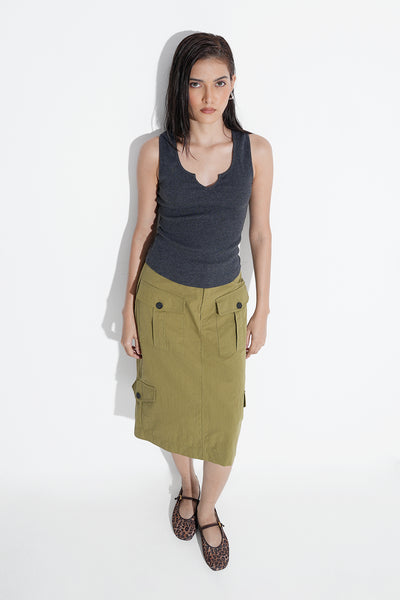 Notch Neck Ribbed Top- Charcoal