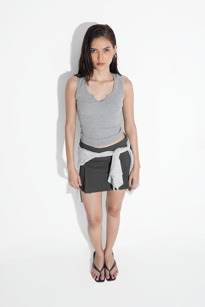 Notch Neck Ribbed Top- Grey