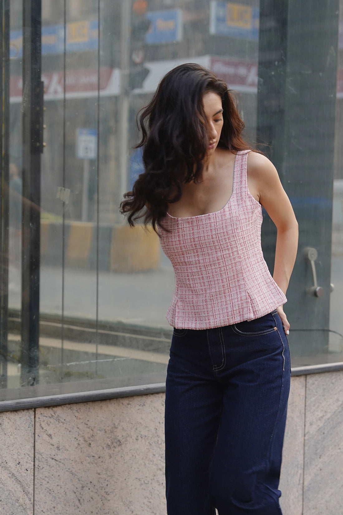 Peach Pleated Tweed Top