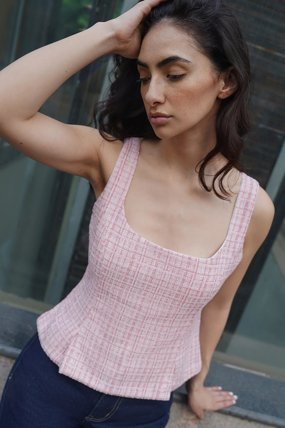 Peach Pleated Tweed Top
