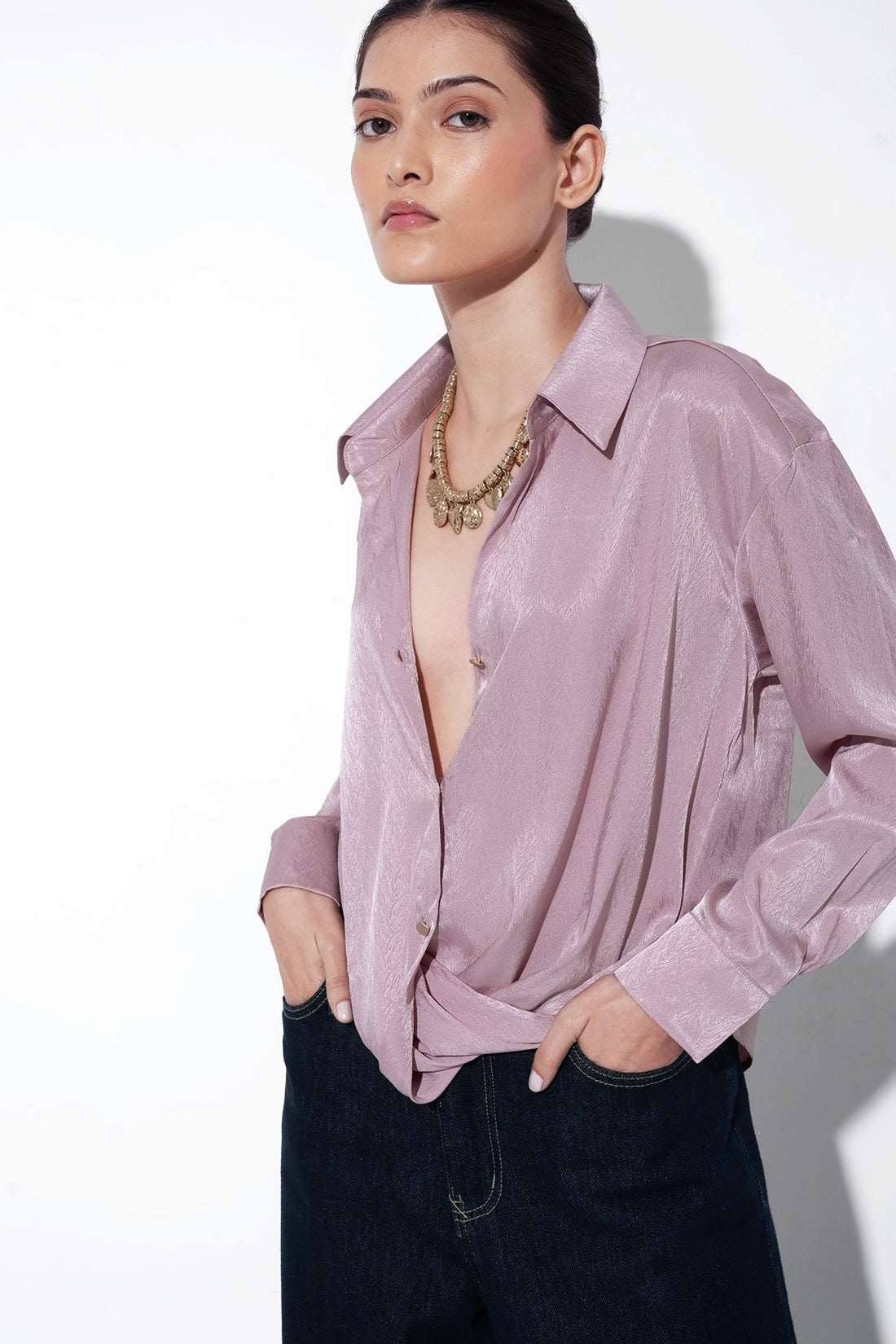 Pink Textured Satin Knot Shirt