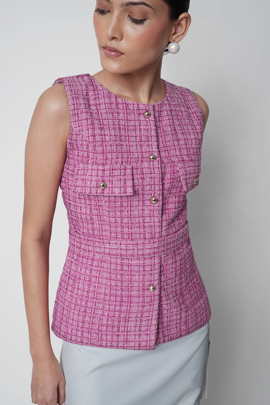 Pink Tweed Belted Vest