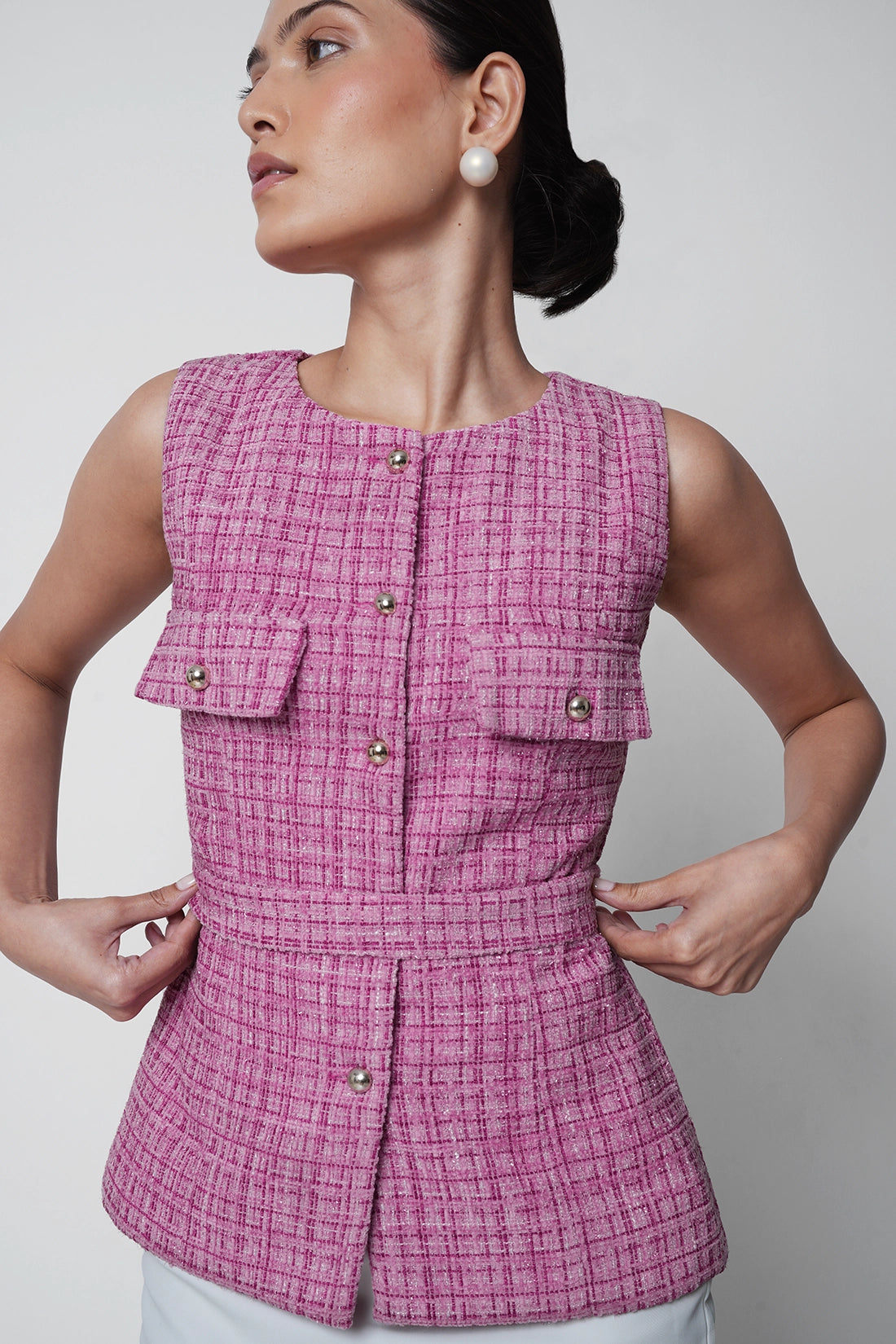 Pink Tweed Belted Vest