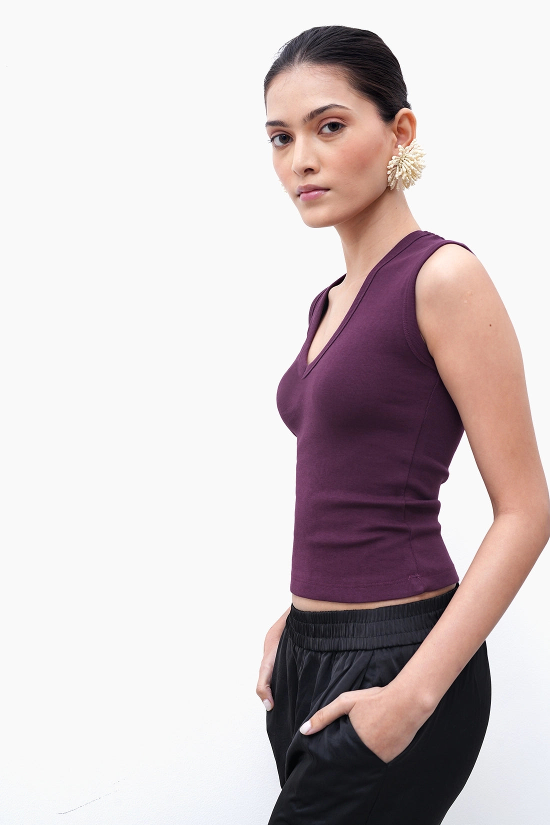 Plum V-Neck Ribbed Top