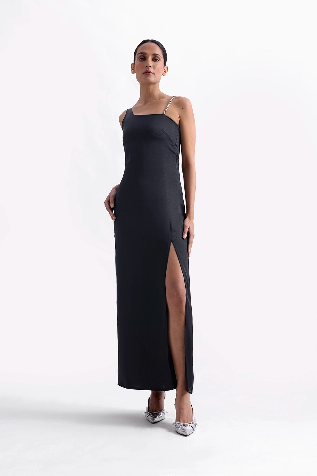 Black Satin Slit Dress