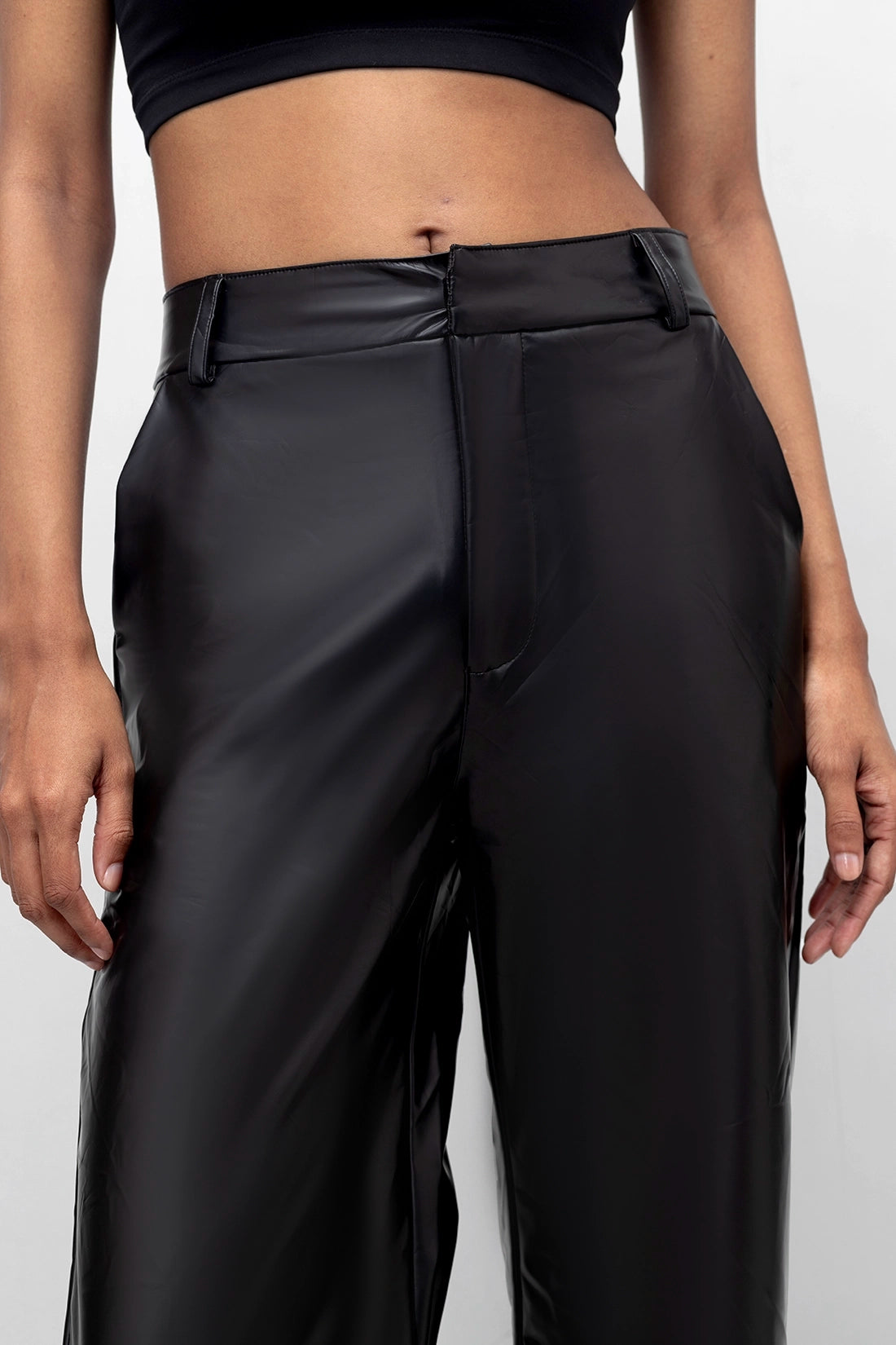 Black Leather Feel Straight Fit Pants