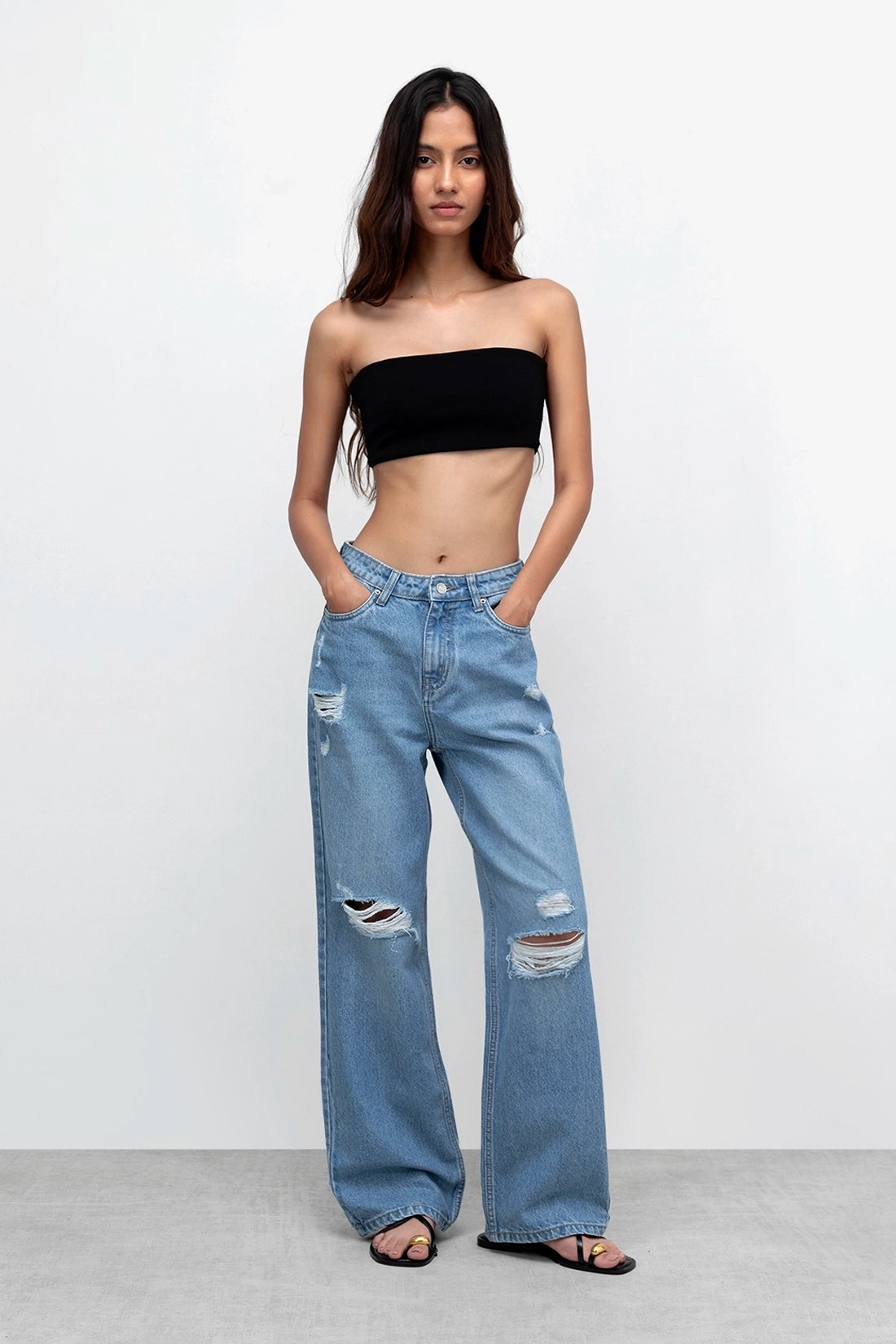 Stone Blue Ripped Straight Fit Jeans