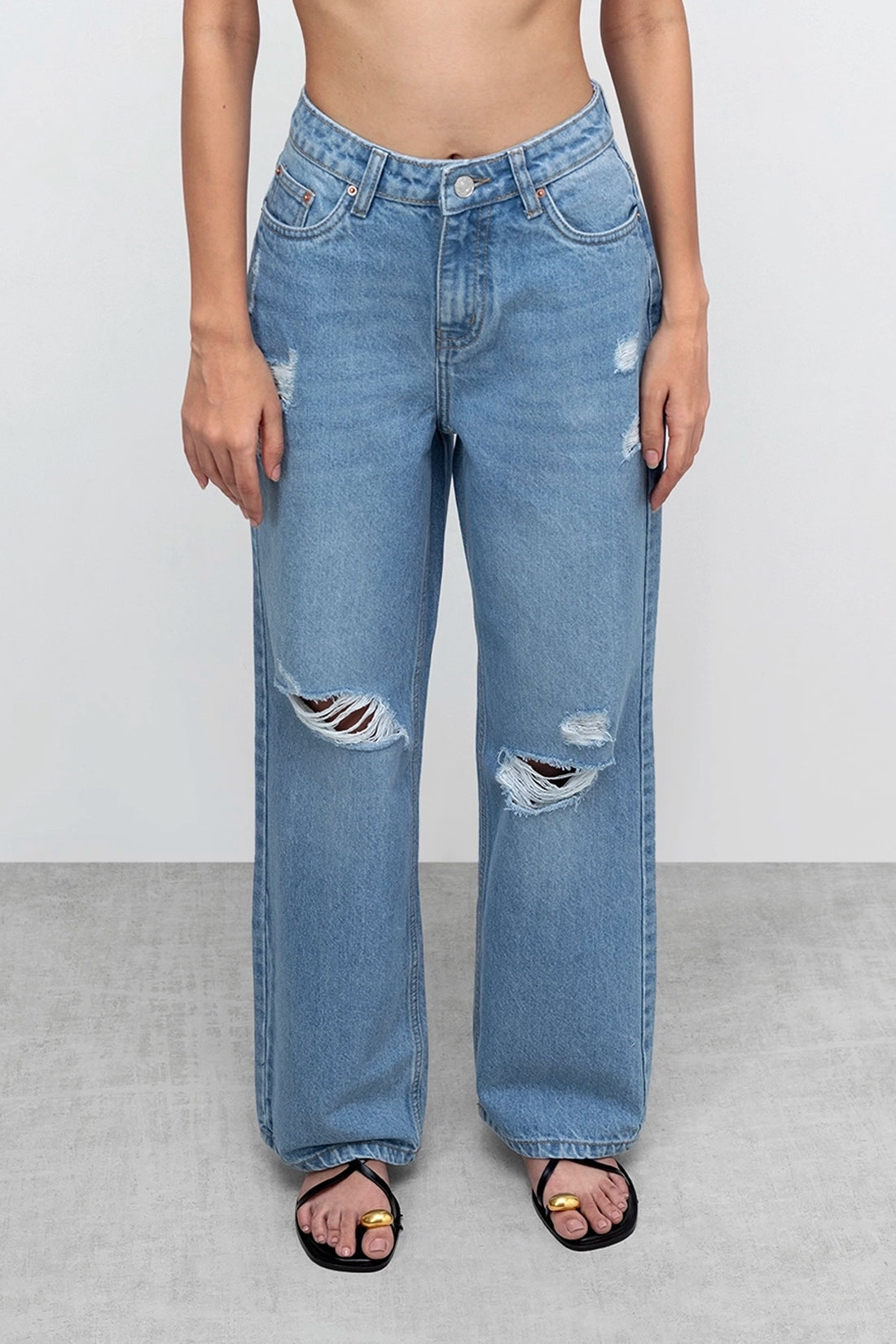 Stone Blue Ripped Straight Fit Jeans