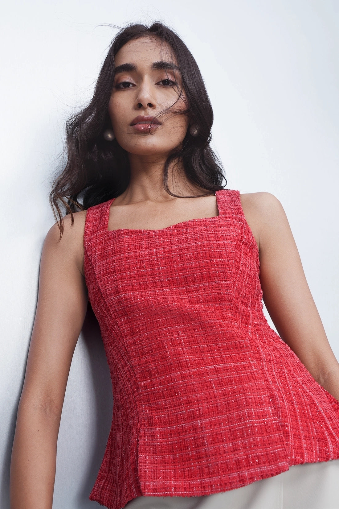 Red Tweed Square-Neck Top