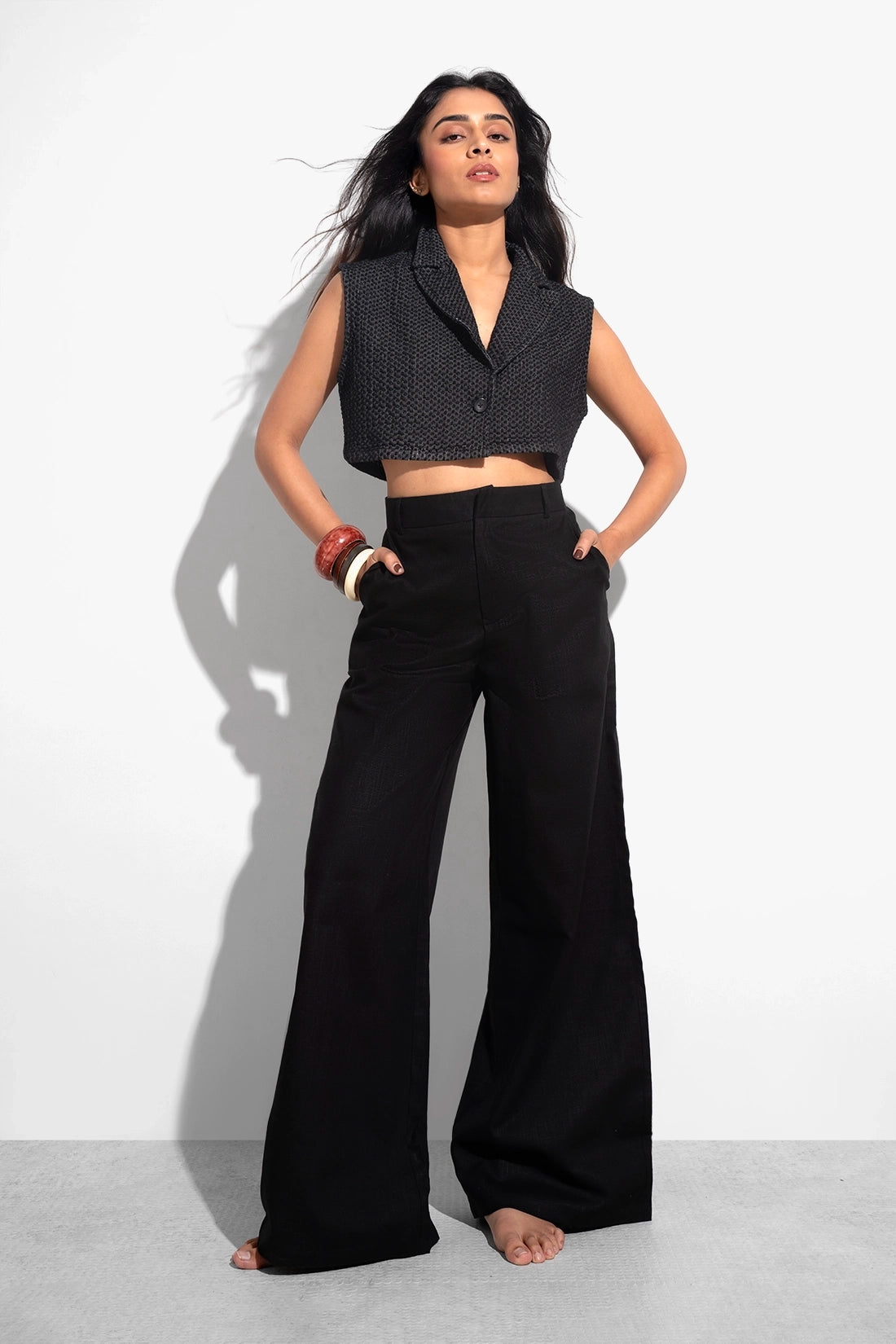 Textured Denim Cropped Waistcoat