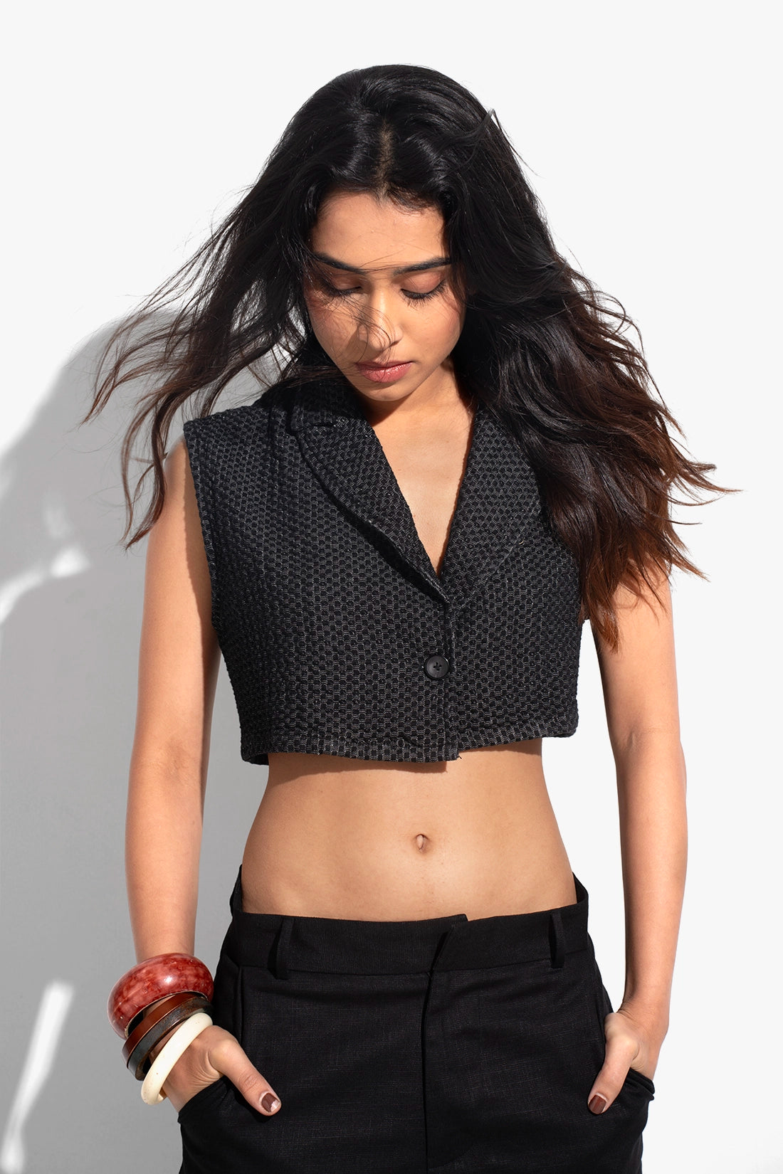 Textured Denim Cropped Waistcoat