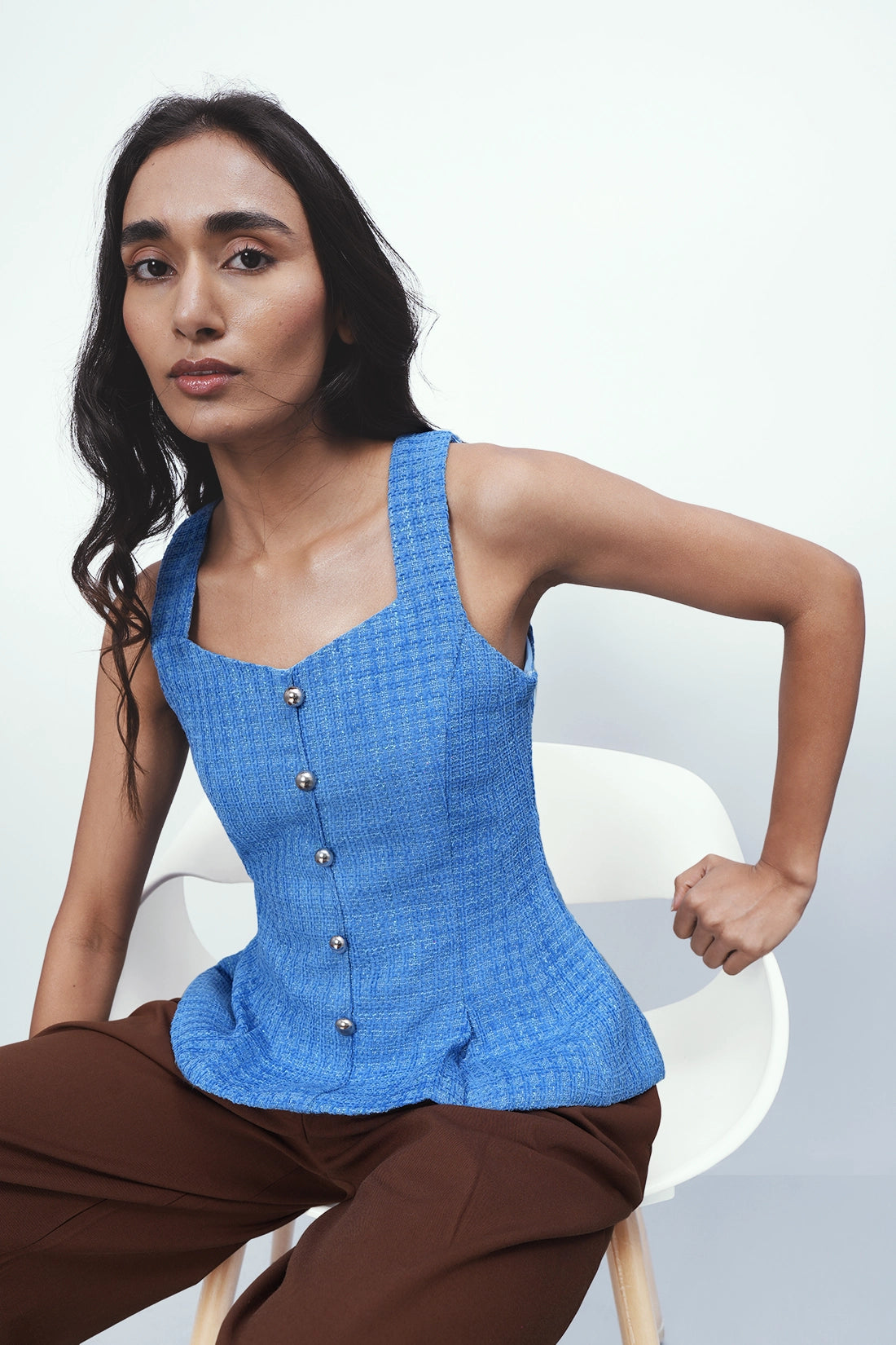 Tailored Peplum Tweed Top – Blue