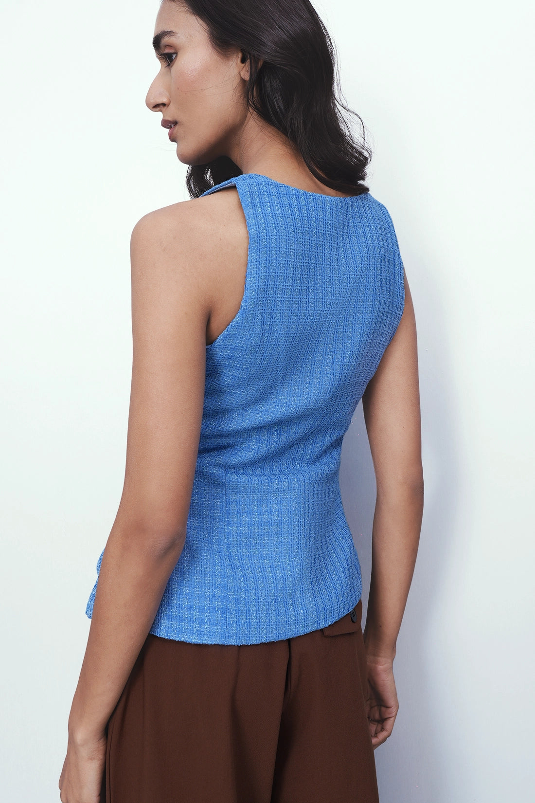 Tailored Peplum Tweed Top – Blue