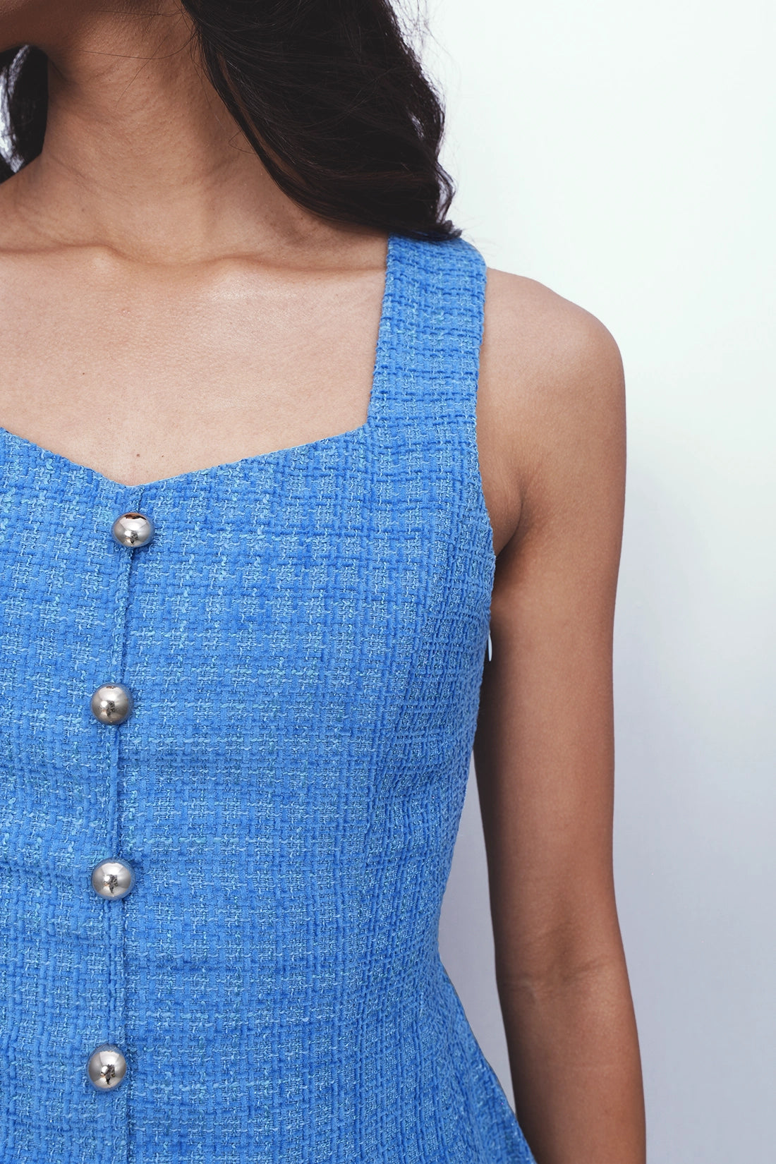 Tailored Peplum Tweed Top – Blue