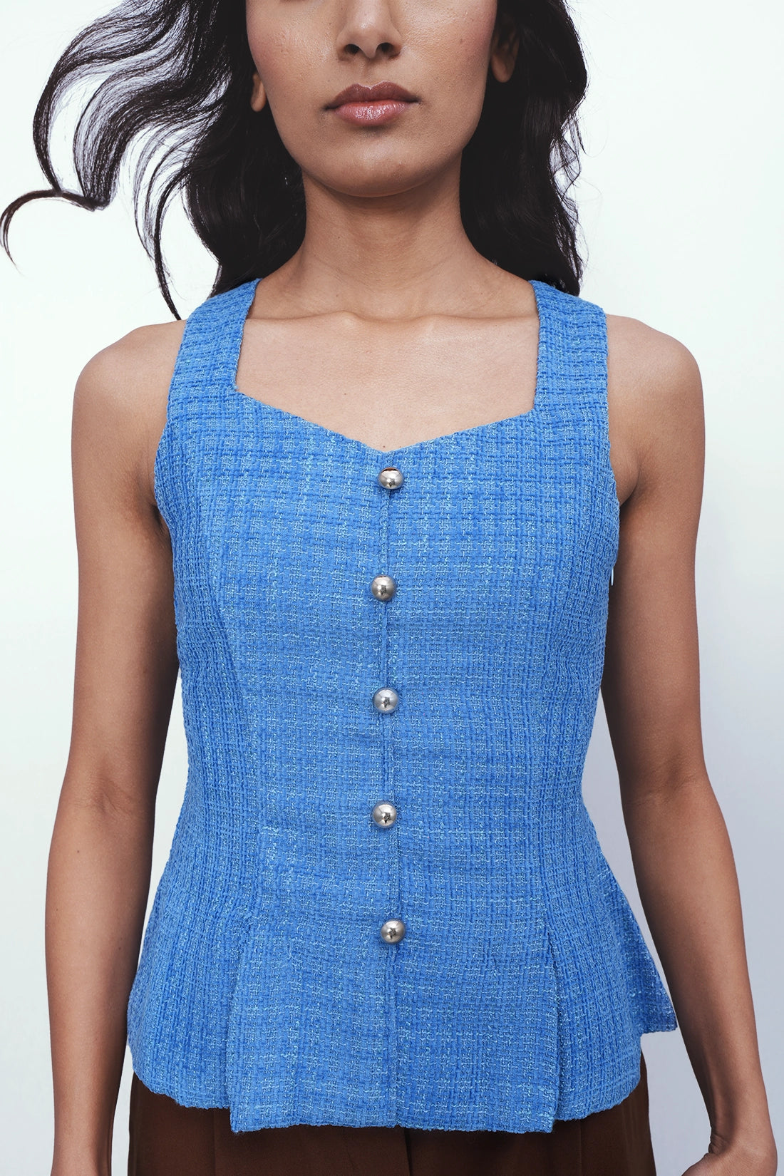 Tailored Peplum Tweed Top – Blue