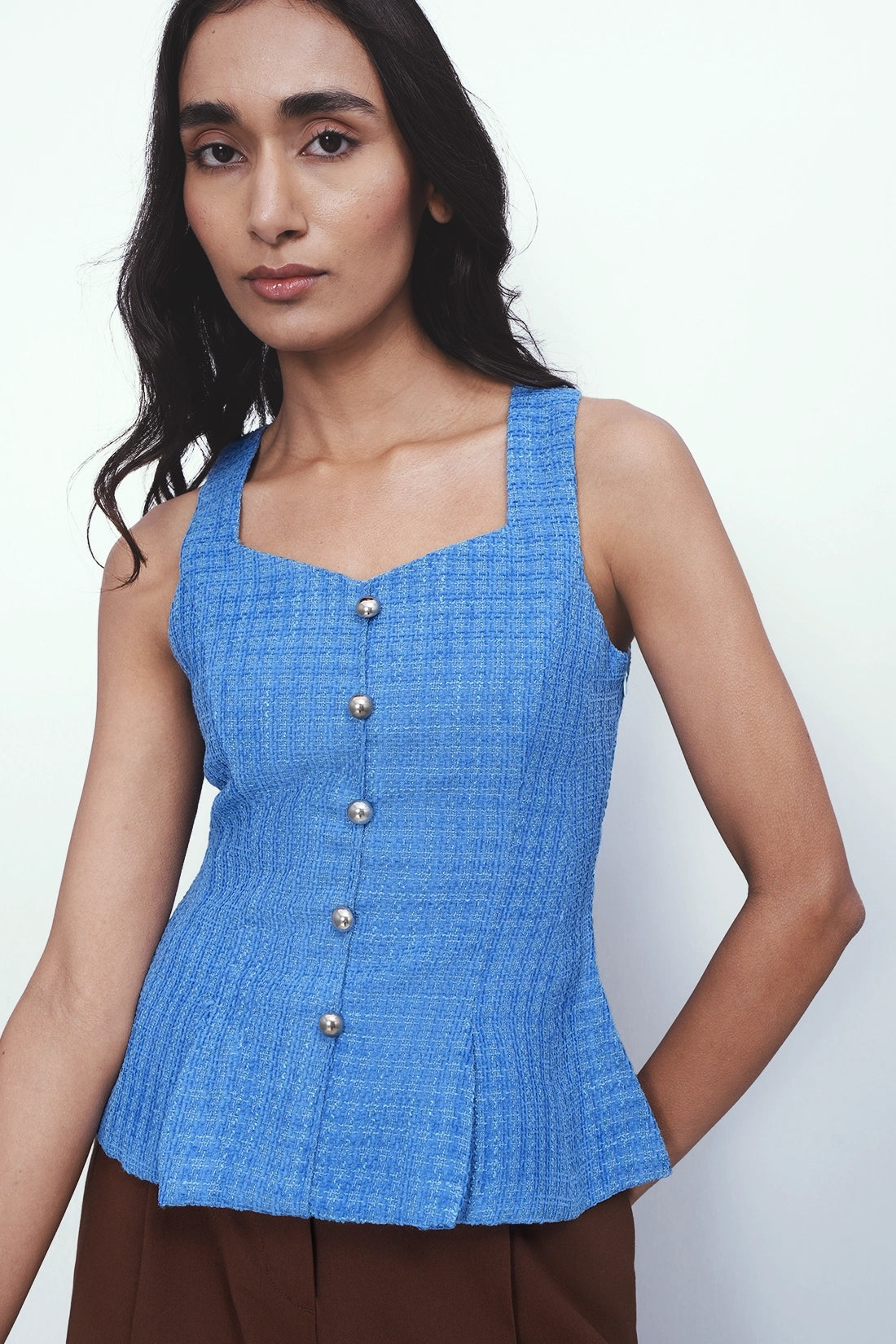 Tailored Peplum Tweed Top – Blue
