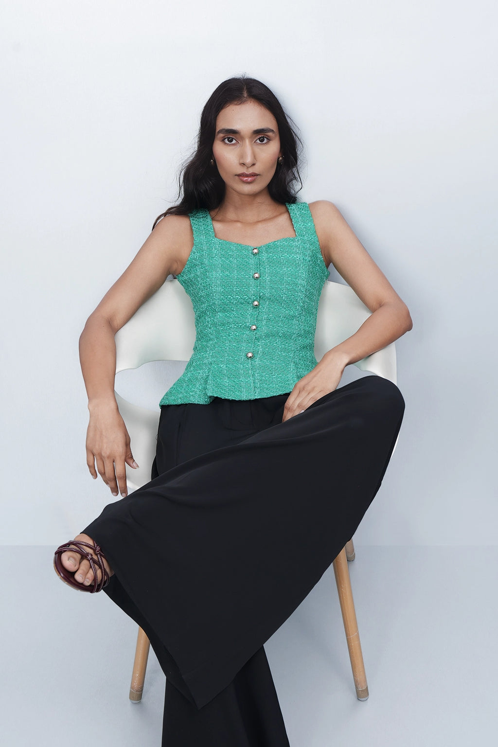 Tailored Peplum Tweed Top – Green Tailored Peplum Tweed Top – Green