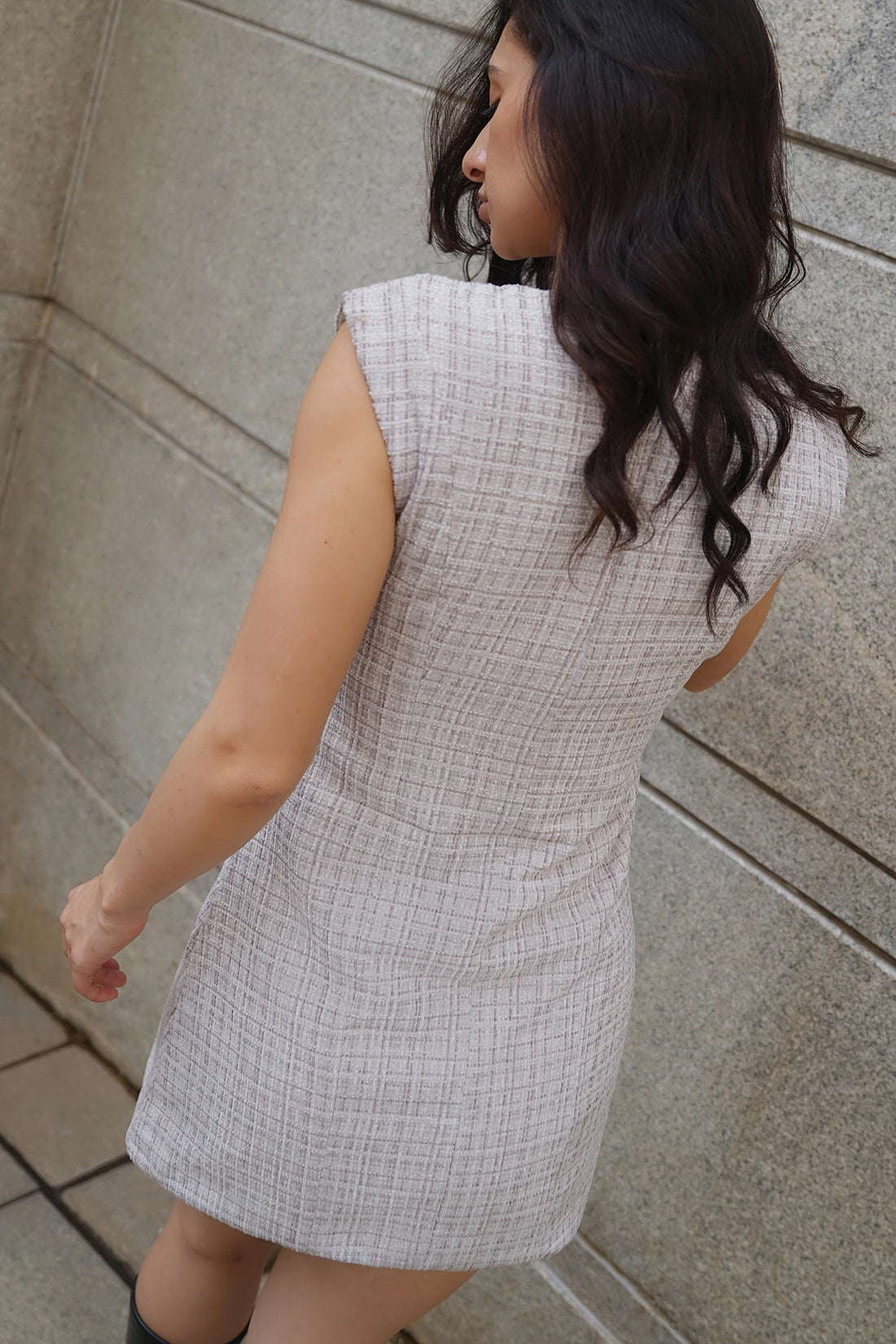 Tailored V-Neck Tweed Dress